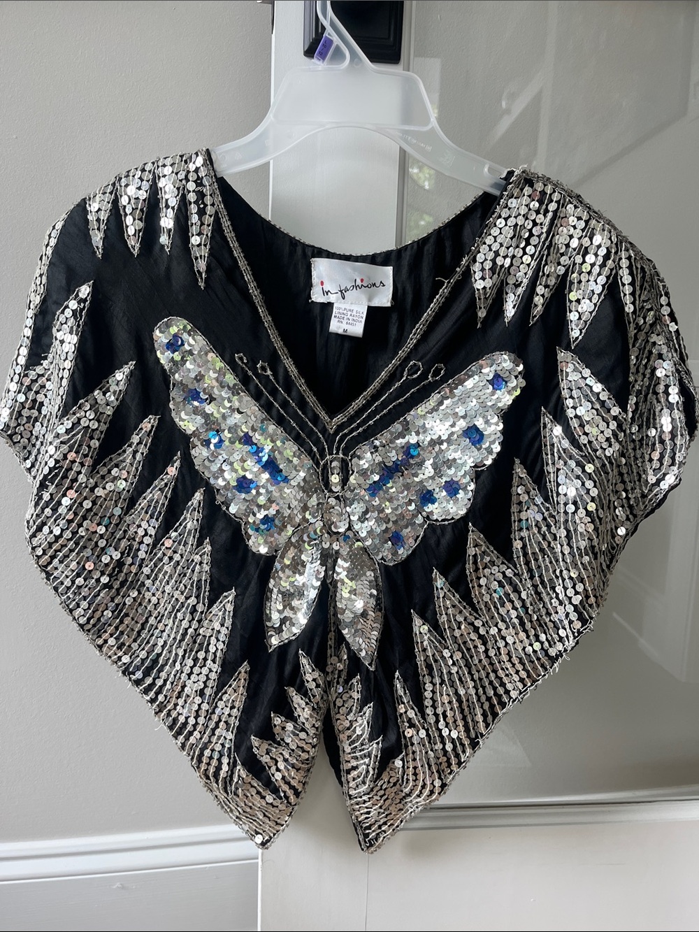 Vintage Butterfly Sequins & Silk Blouse Cape Top Size Medium